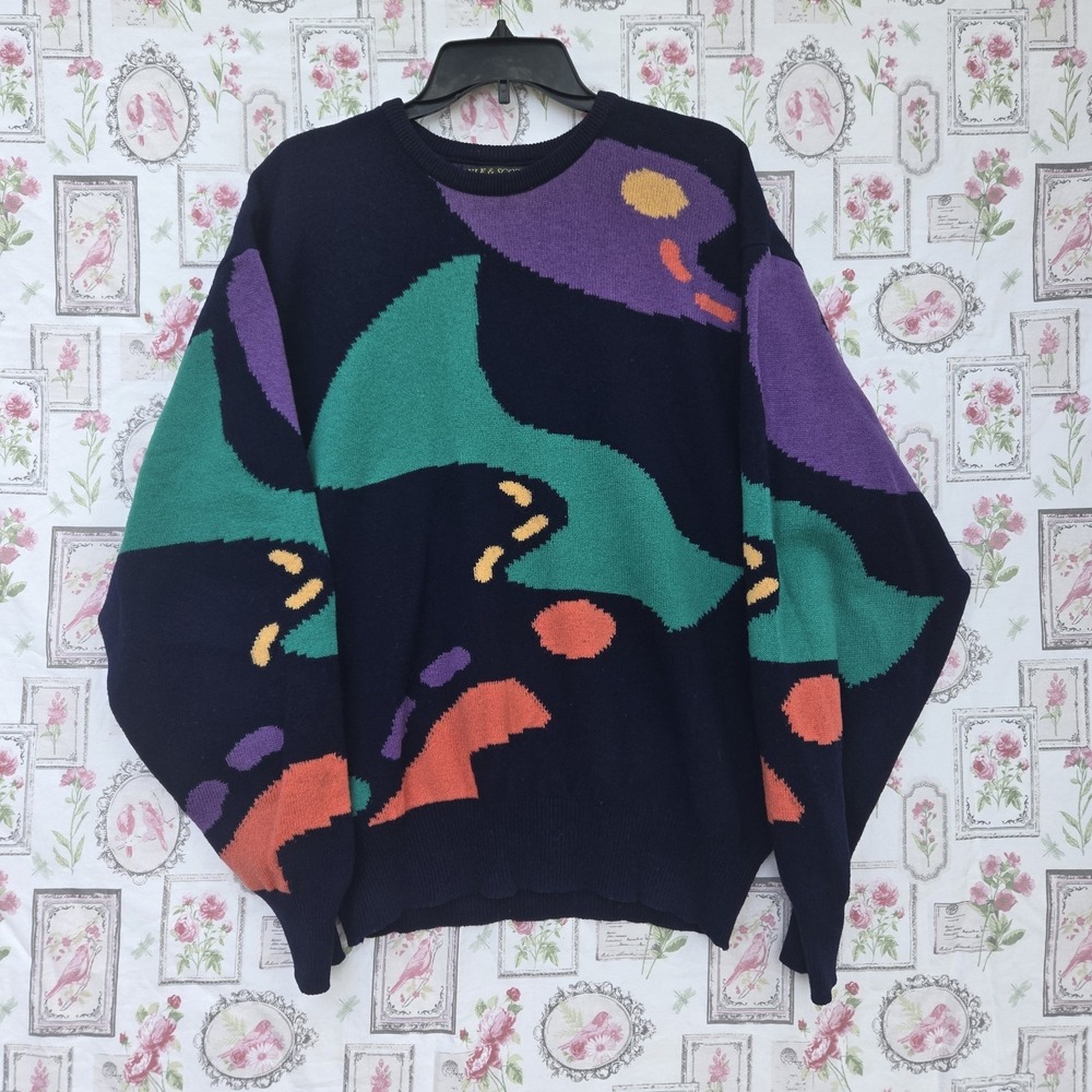 VTG Lyle & Scott 80s 90s Abstract Colorblock‎ 100% Lambswool Sweater Size L-XL